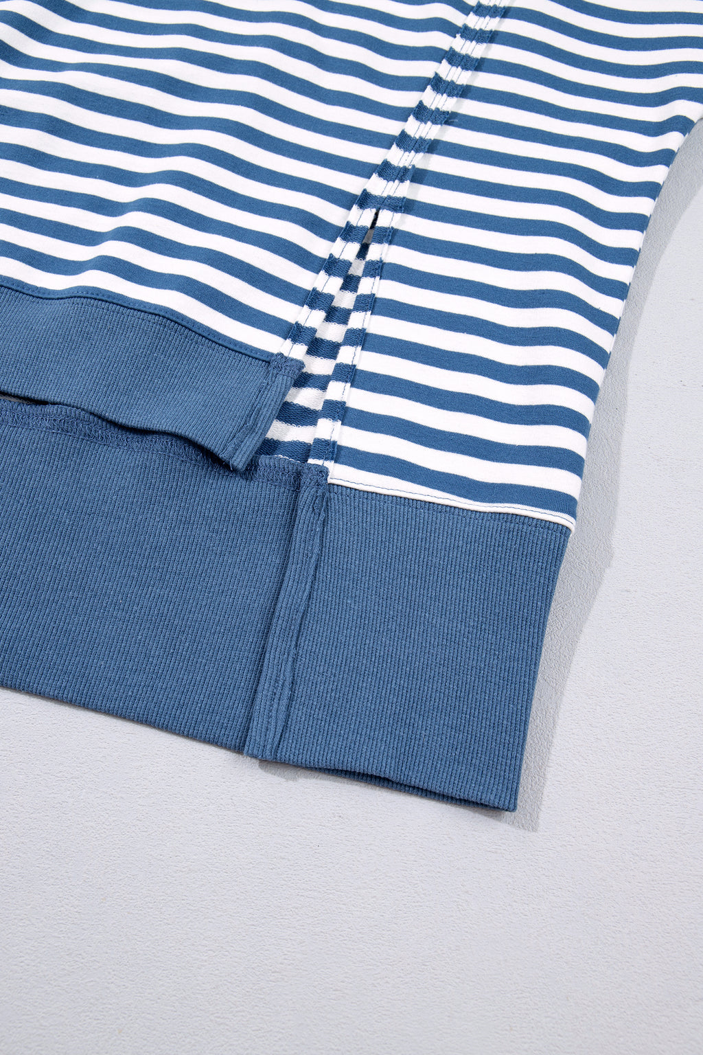 Blue Stripe Color Block Trim Raw Seam Split Hem Loose Pullover Sweatshirt