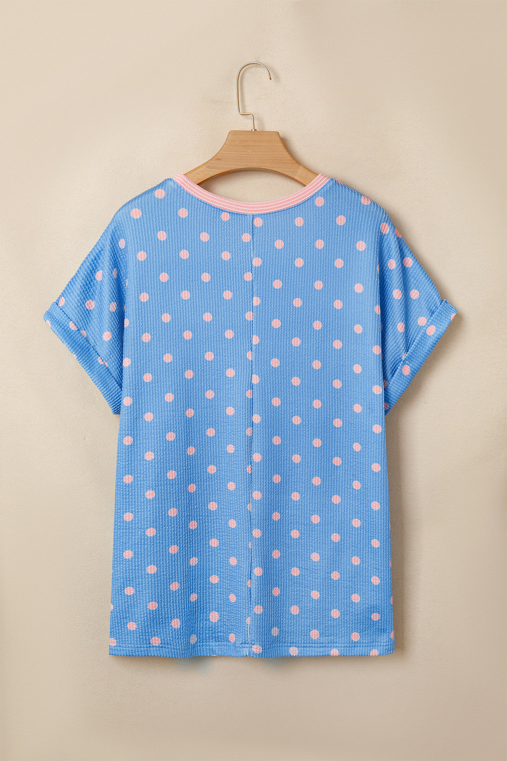 Sky Blue Raised Rib Polka Dot Print Cuffed Short Sleeve Top