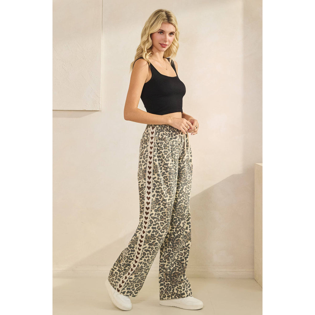Leopard Printed Striped Wide Legged Pants