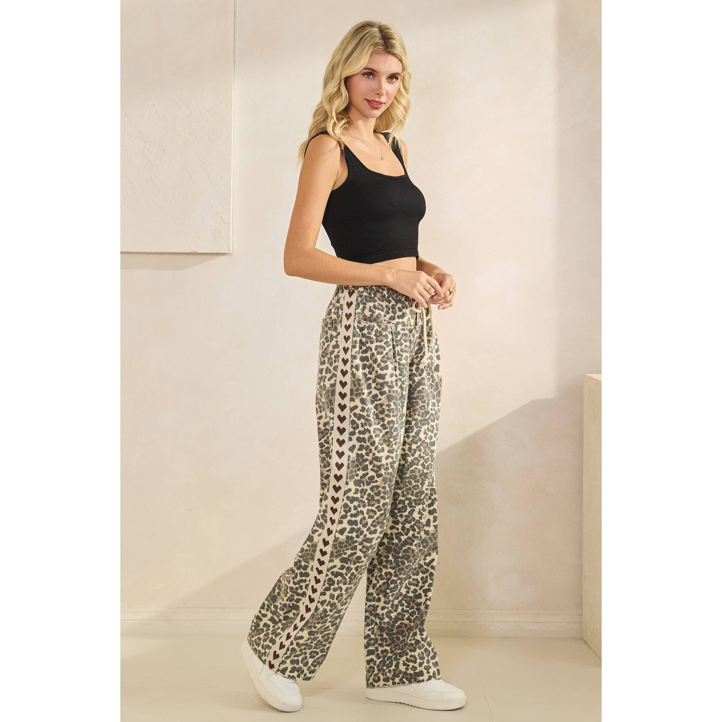 Leopard Printed Striped Wide Legged Pants