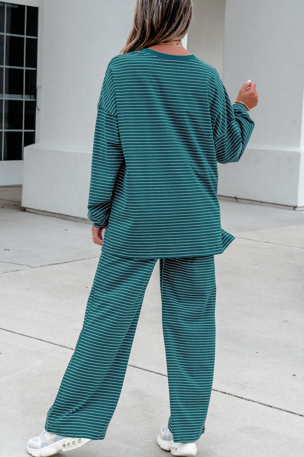 Green Stripe Dropped Shoulder Long Sleeve Top Elastic Waist Pants Casual 2pcs Set