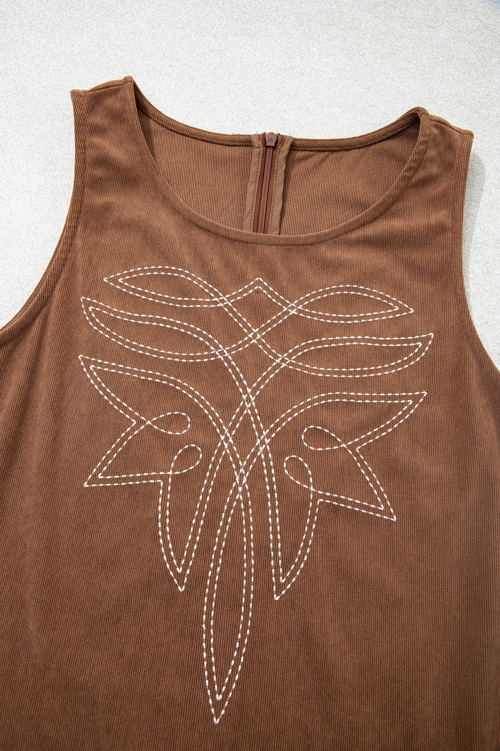 Coffee Geometric Embroidery Sleeveless Corduroy Shift Dress