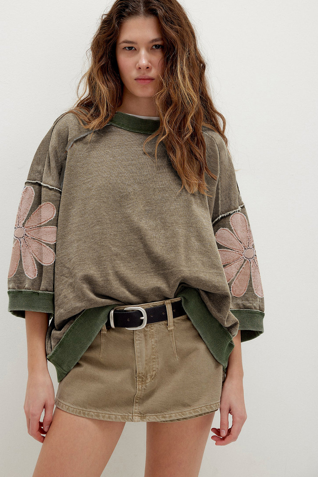 Breen Mineral Wash Raw Seam Patchwork Flower Patched 3/4 Sleeve Oversize Top