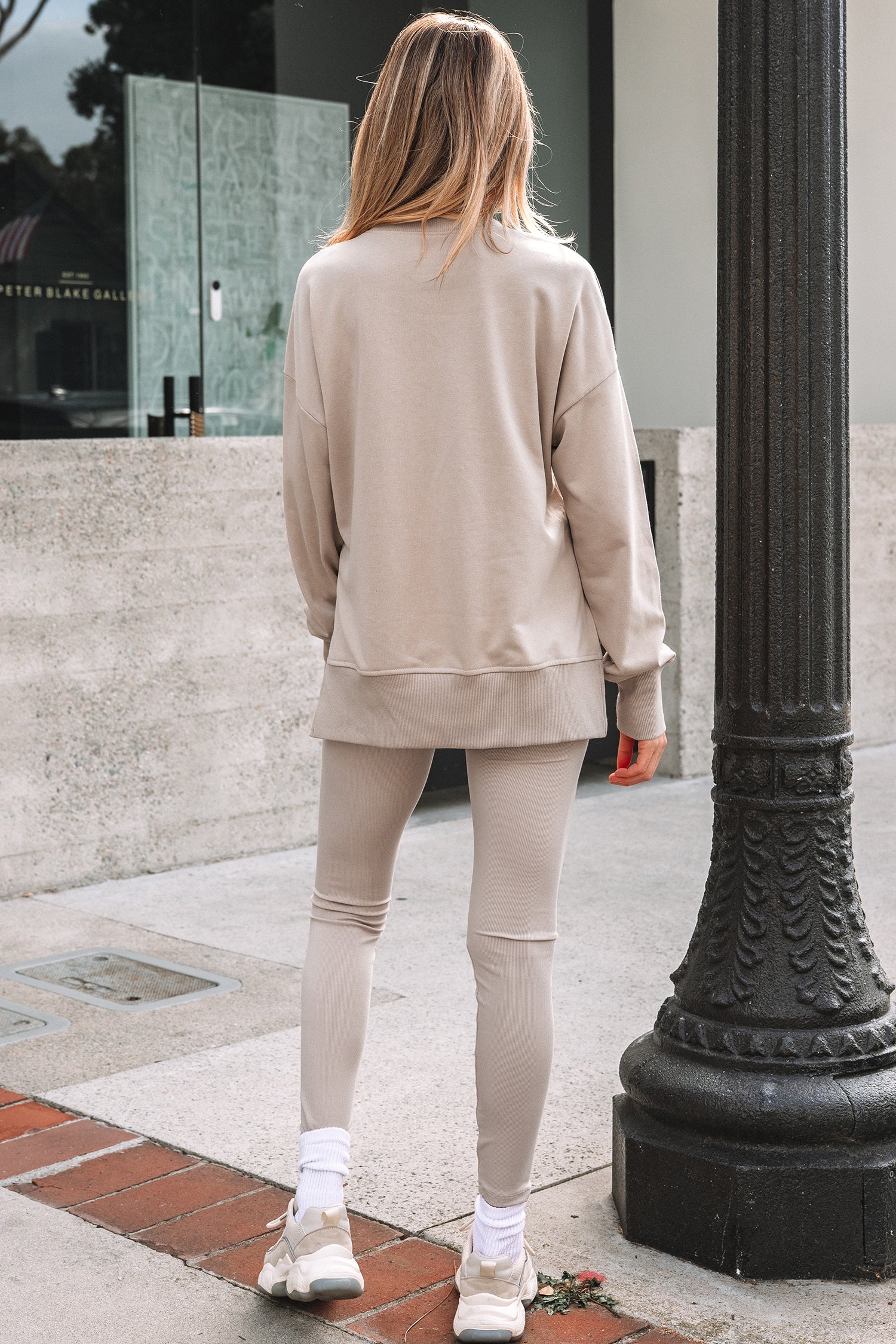 Jet Stream Solid Color Oversize Slit Sweatshirt Ribbed Leggings 2pcs Set