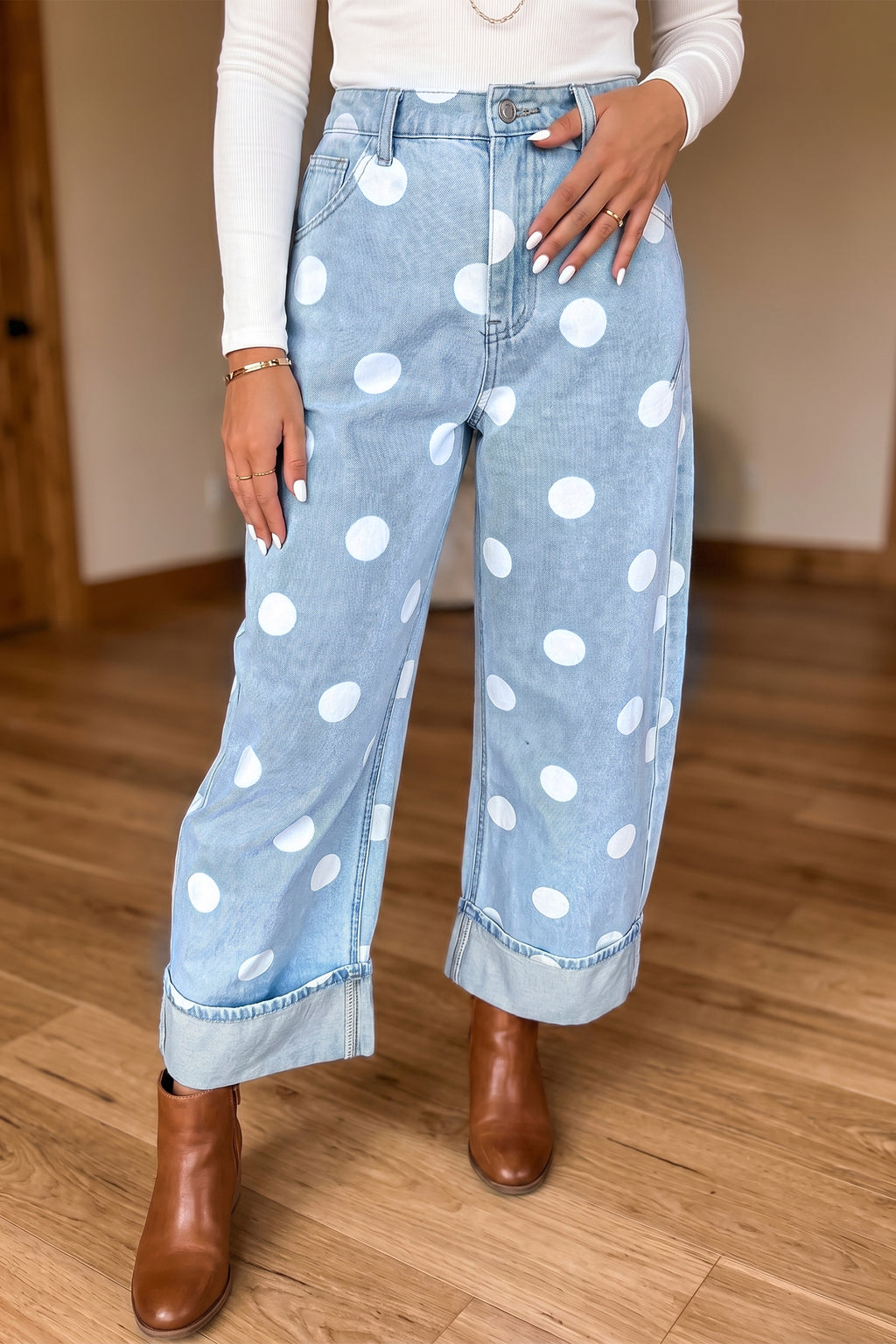 Brown Polka Dot Ankle-Length Metal Button Casual Jeans