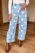 Brown Polka Dot Ankle-Length Metal Button Casual Jeans