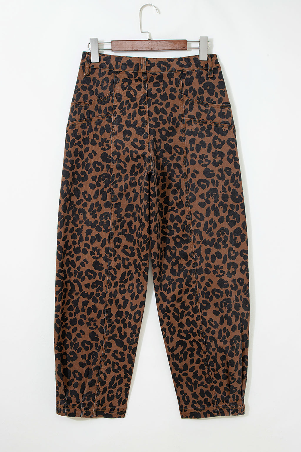 Brown Clear Seam Detail Patchwork Leopard Print Barrel Jeans