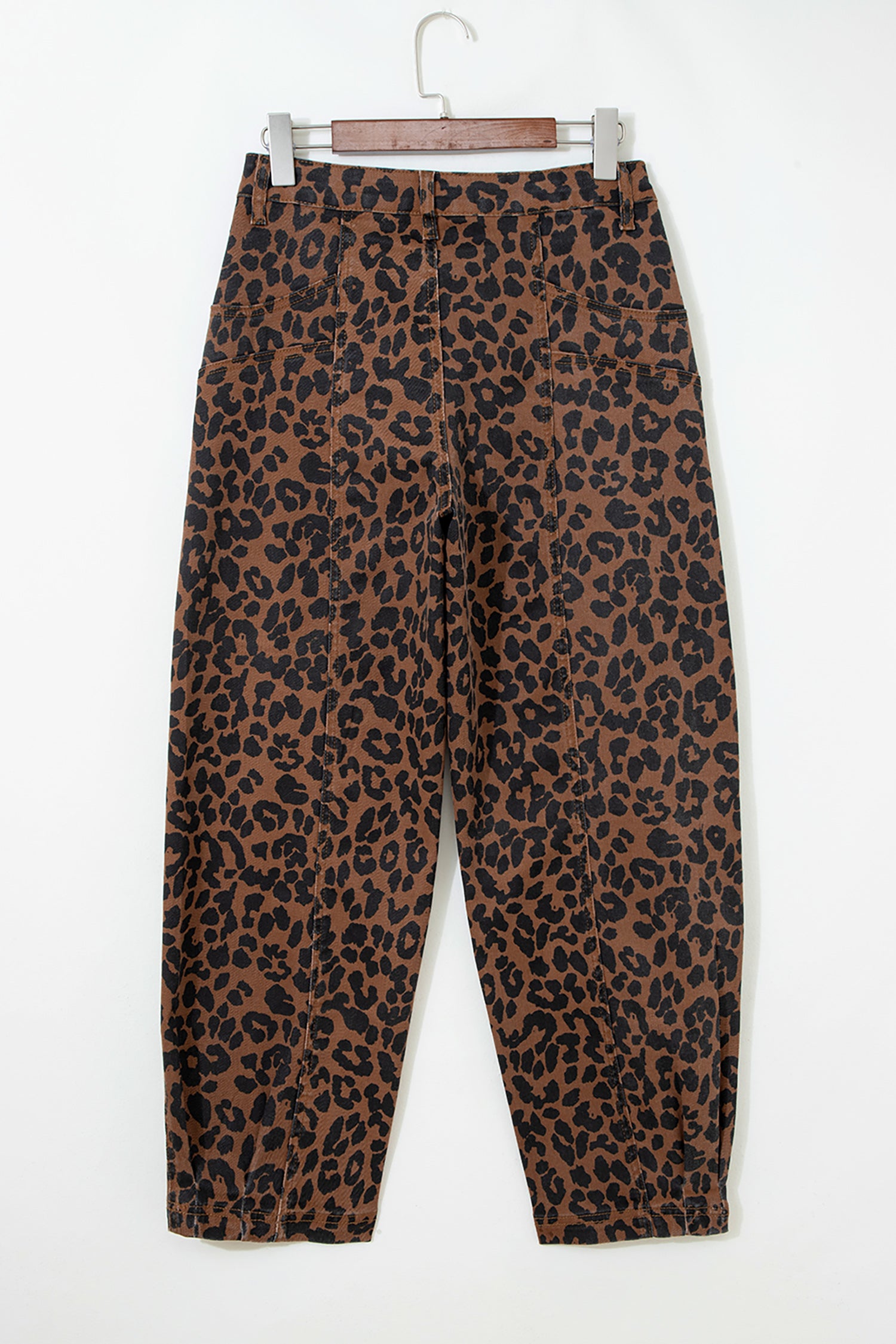 Brown Clear Seam Detail Patchwork Leopard Print Barrel Jeans