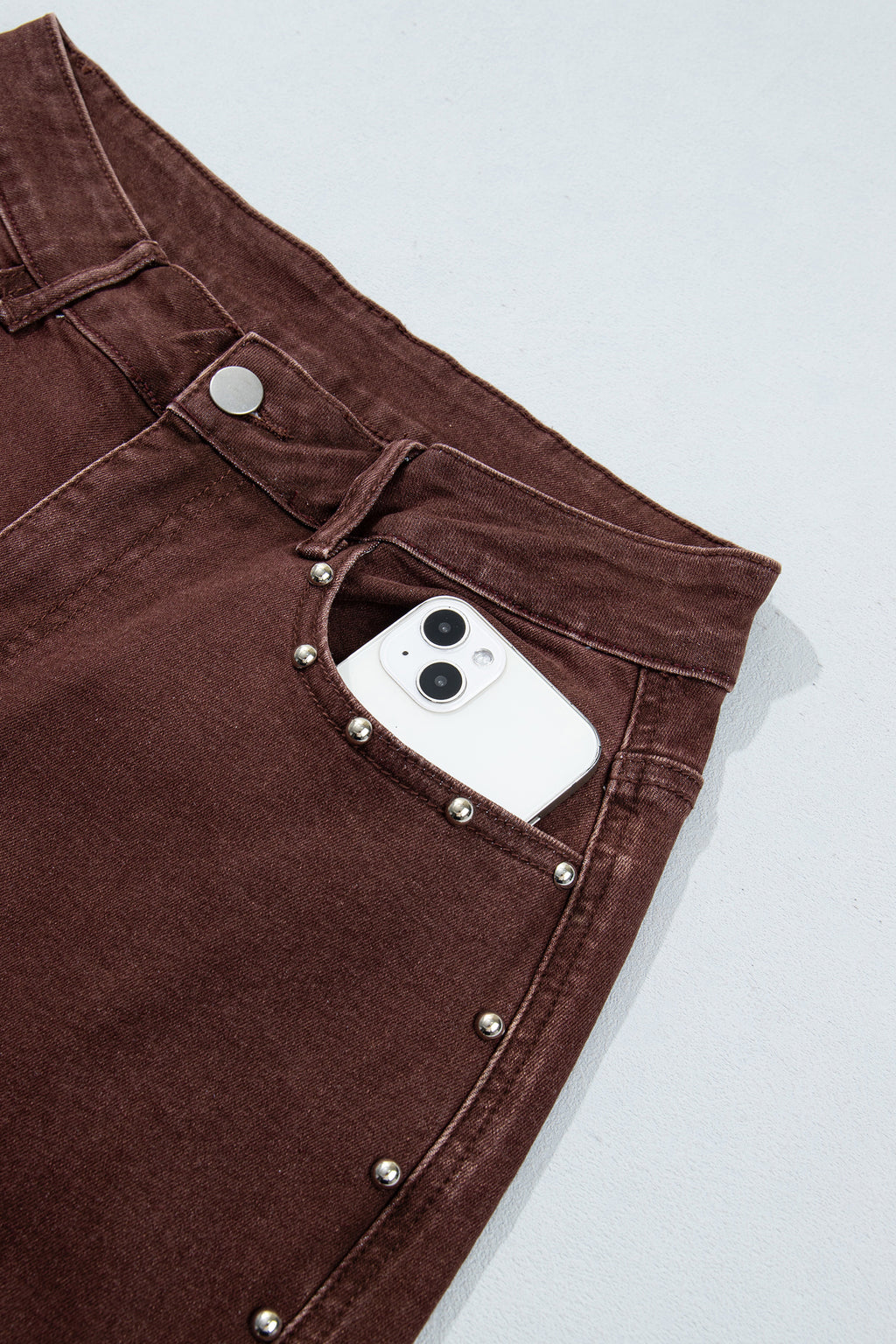 Coffee Side Seam Rivet Detail Ankle Length Casual Jeans