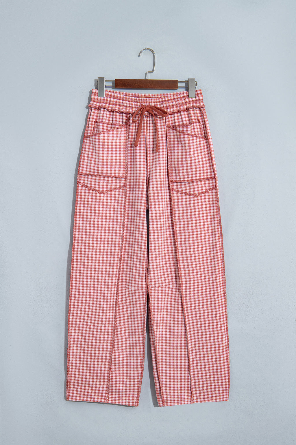 Red Plaid Contrast Trim Drawstring Elastic Waist Shift Pants