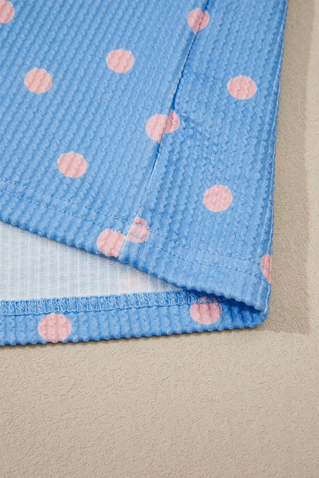 Sky Blue Raised Rib Polka Dot Print Cuffed Short Sleeve Top