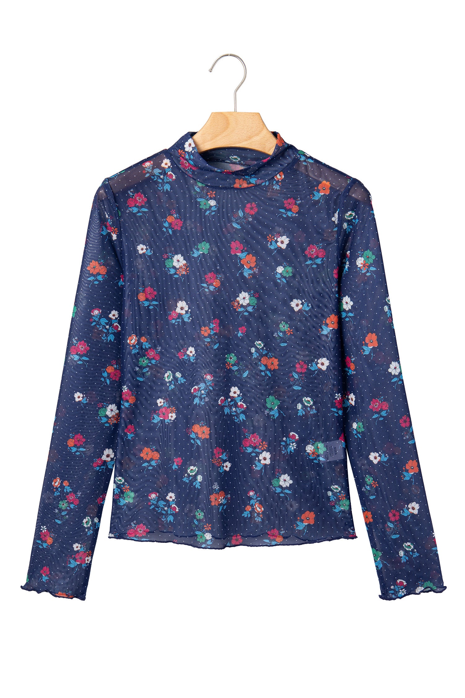 Blue Polka Dot Floral Mesh Long Sleeve High Neck Pullover Sheath Top
