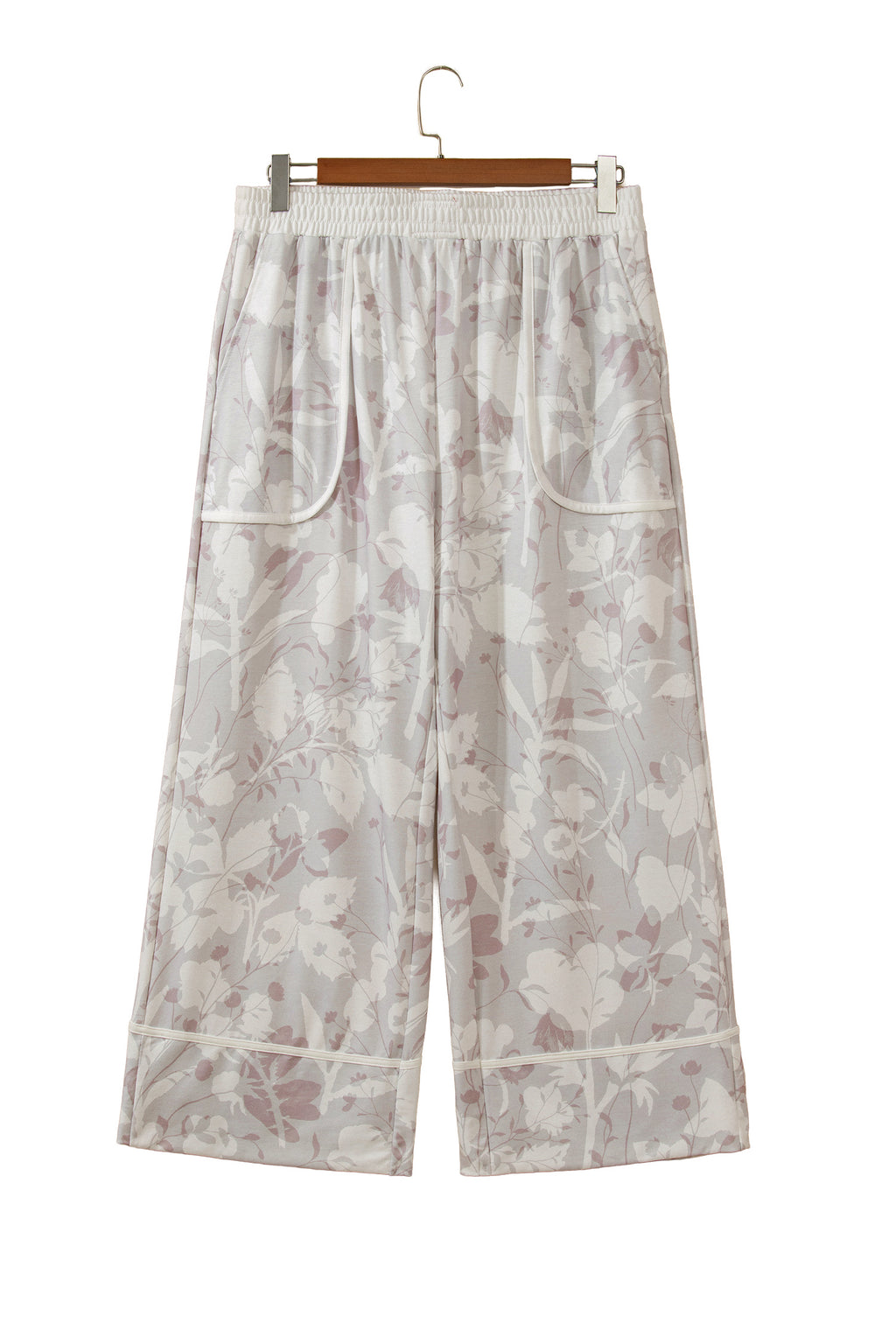 Gray Floral Camo Print Contrast Trim Plus Size Loose Pants