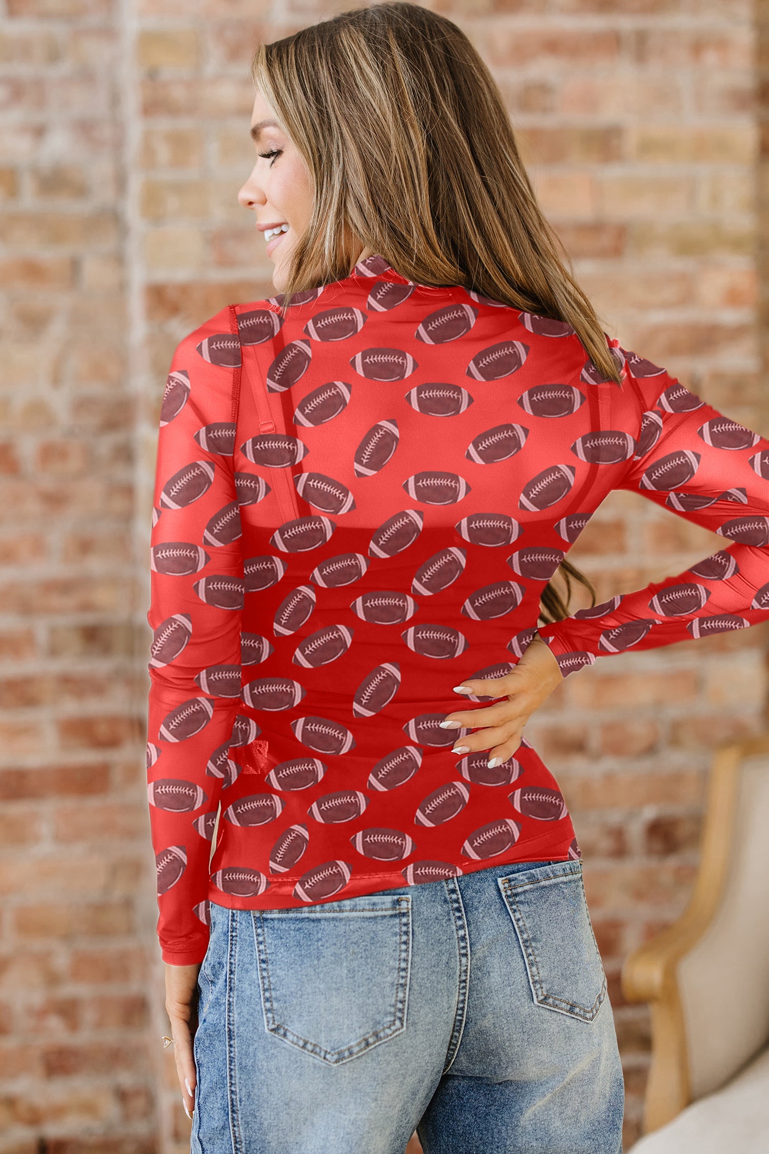 Brown Rugby Game Day Sheer Mesh Long Sleeve Top