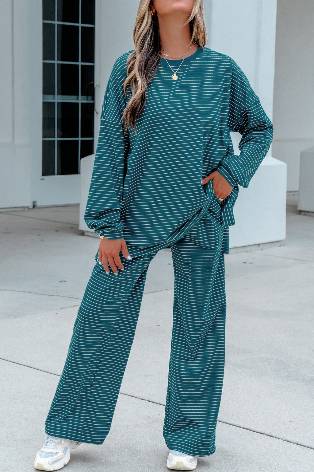 Green Stripe Dropped Shoulder Long Sleeve Top Elastic Waist Pants Casual 2pcs Set