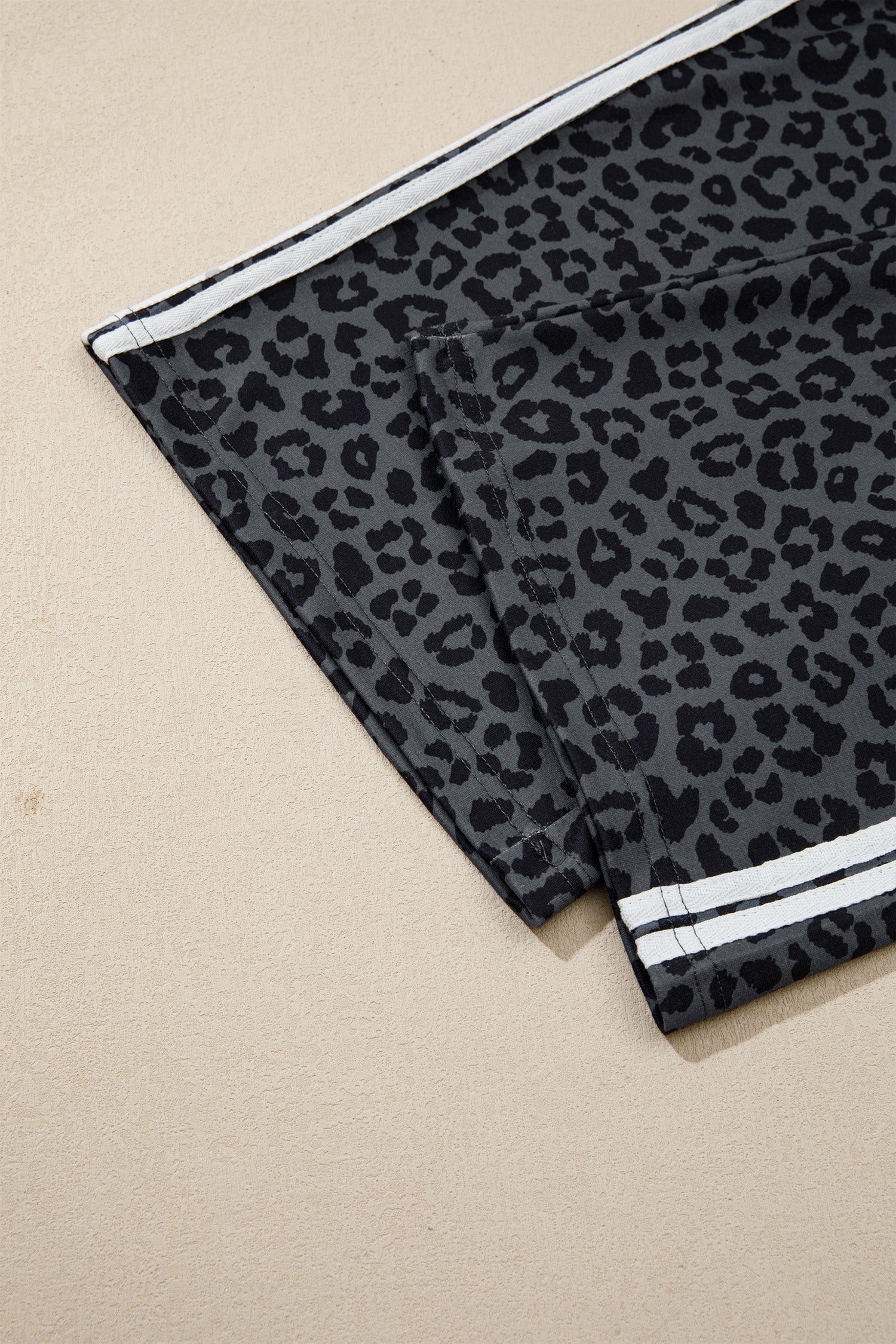 Gray Leopard Print Varsity Striped Detail 3/4 Sleeve Top Shift Pant Set