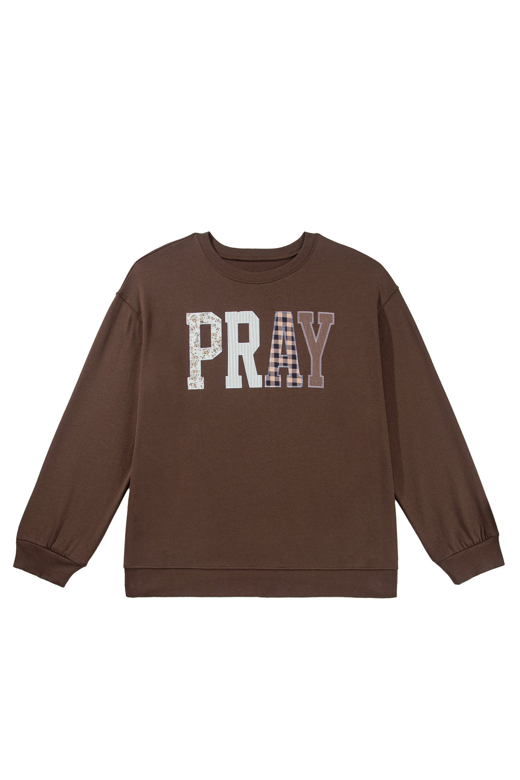 Coffee PRAY Letter Patchwork Round Neck Long Sleeve Plus Size Sweatshirt