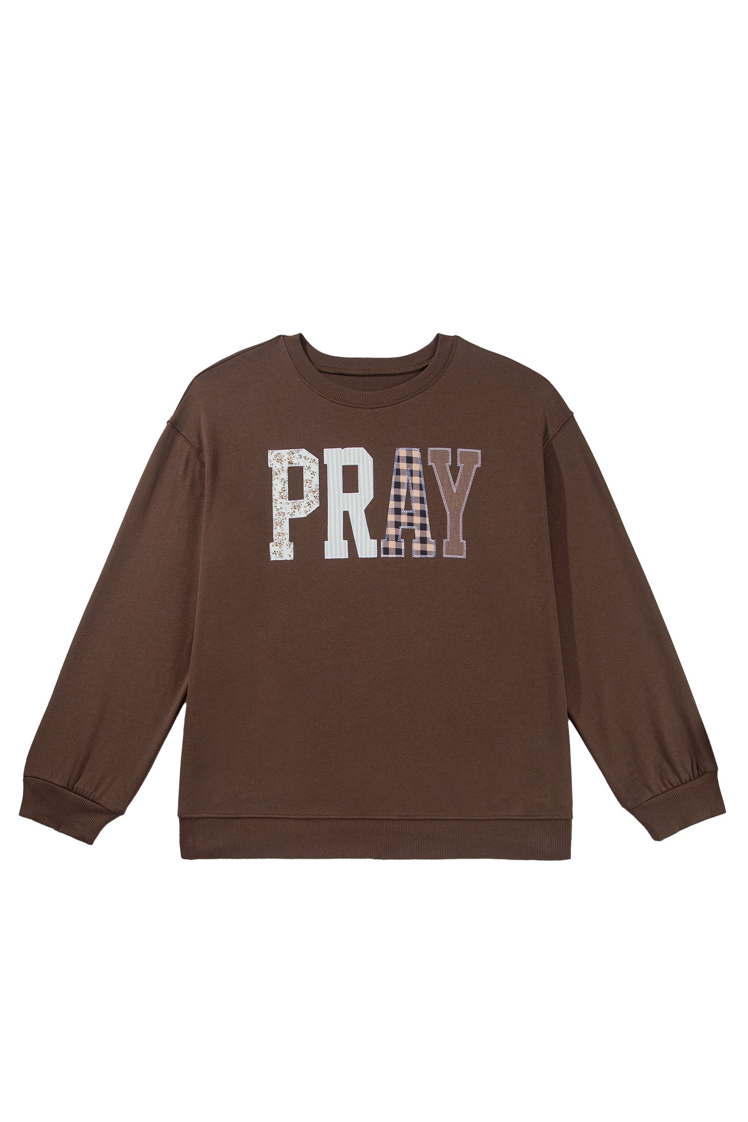 Coffee PRAY Letter Patchwork Round Neck Long Sleeve Plus Size Sweatshirt