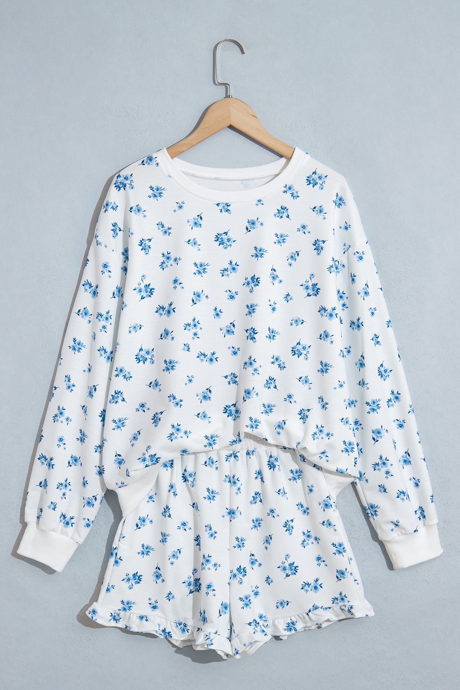 Sky Blue Floral Print Long Sleeve Top Elastic Waist Ruffle Hem Shorts 2pcs Set