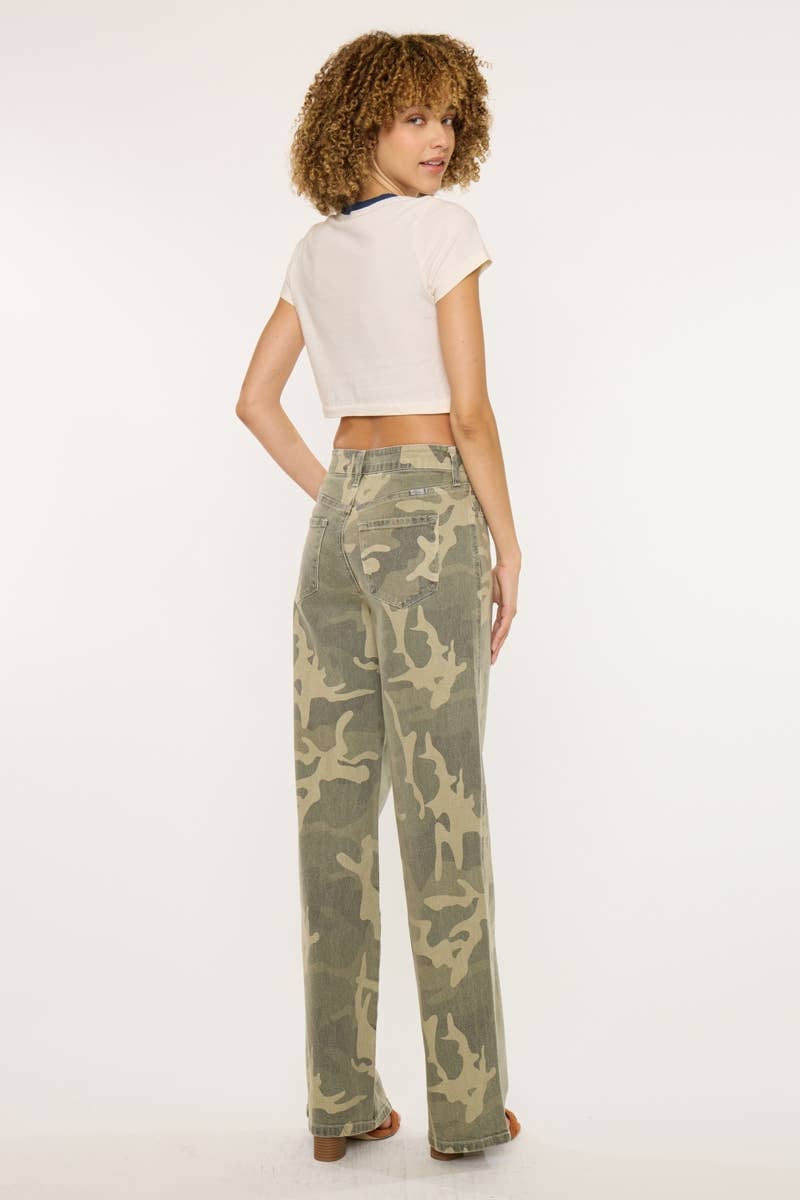 Kan Can High-Rise Camo Wide-Leg Western Jeans — Non-Distressed Comfort Stretch Denim with 32" Inseam