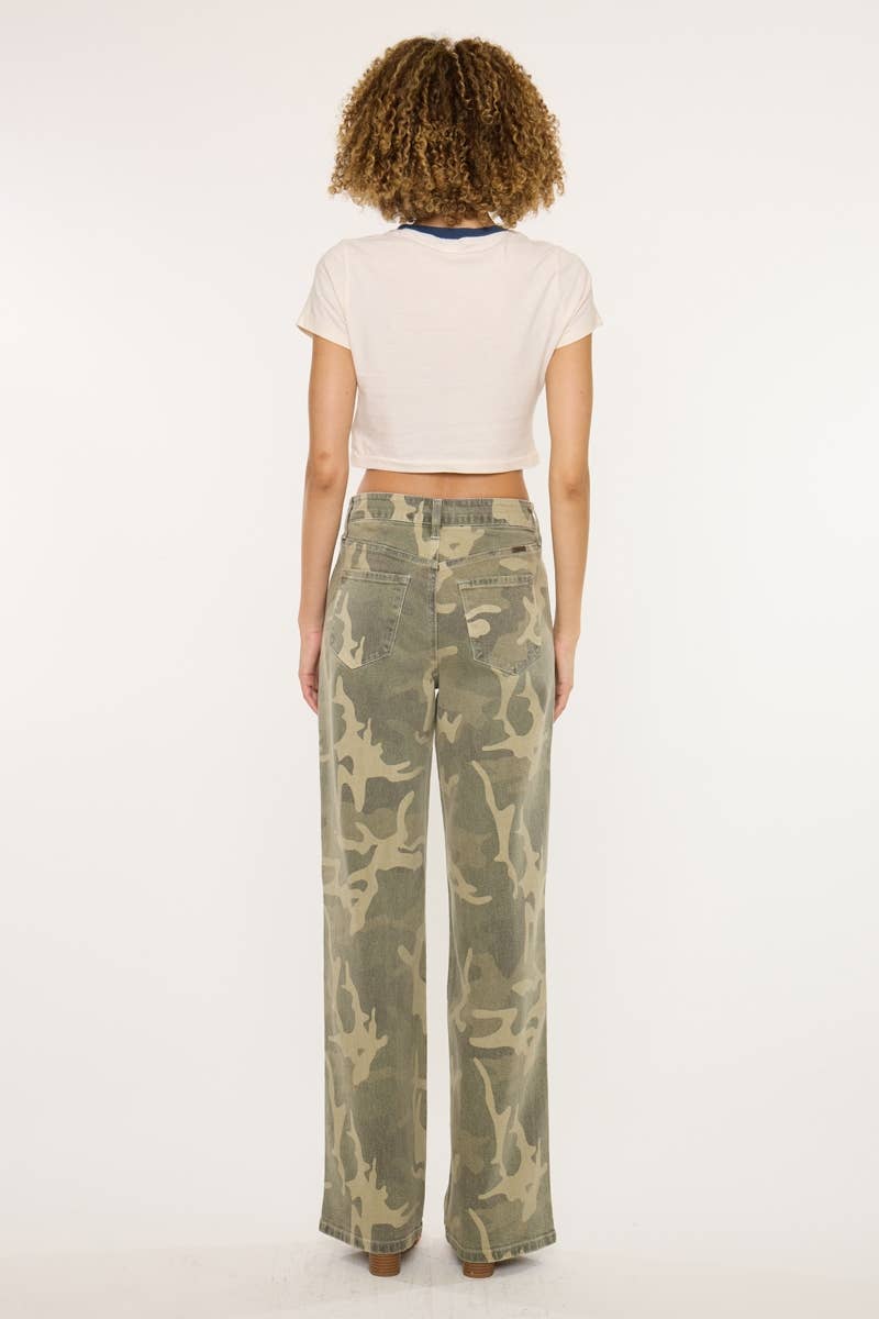 Kan Can High-Rise Camo Wide-Leg Western Jeans — Non-Distressed Comfort Stretch Denim with 32" Inseam