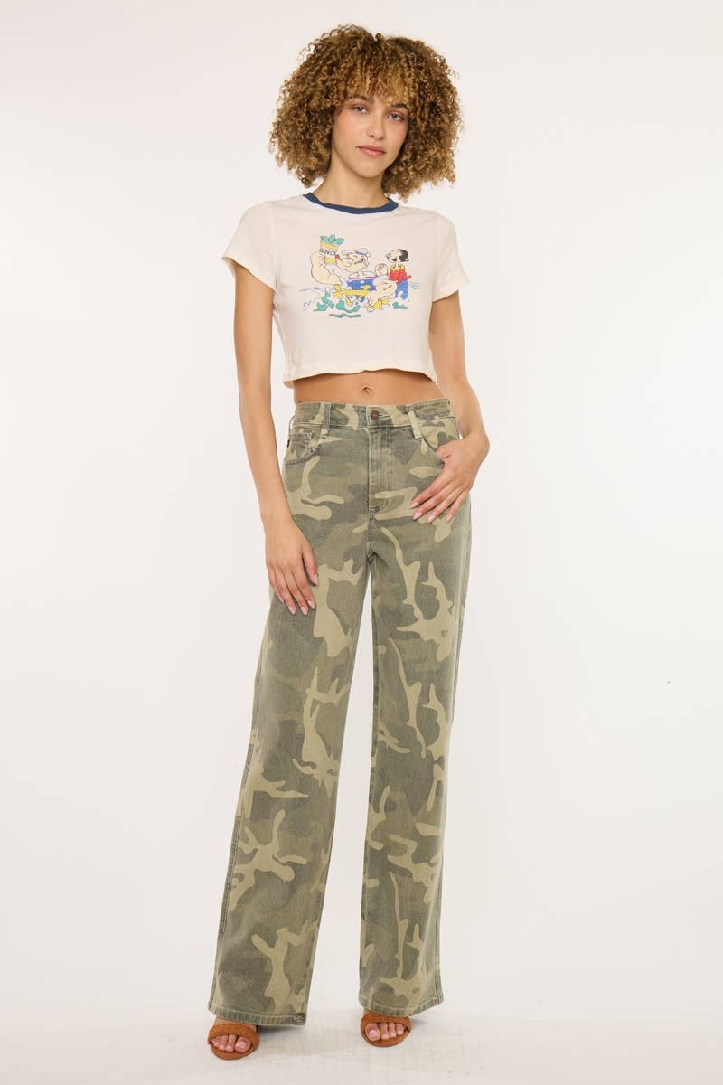 Kan Can High-Rise Camo Wide-Leg Western Jeans — Non-Distressed Comfort Stretch Denim with 32" Inseam