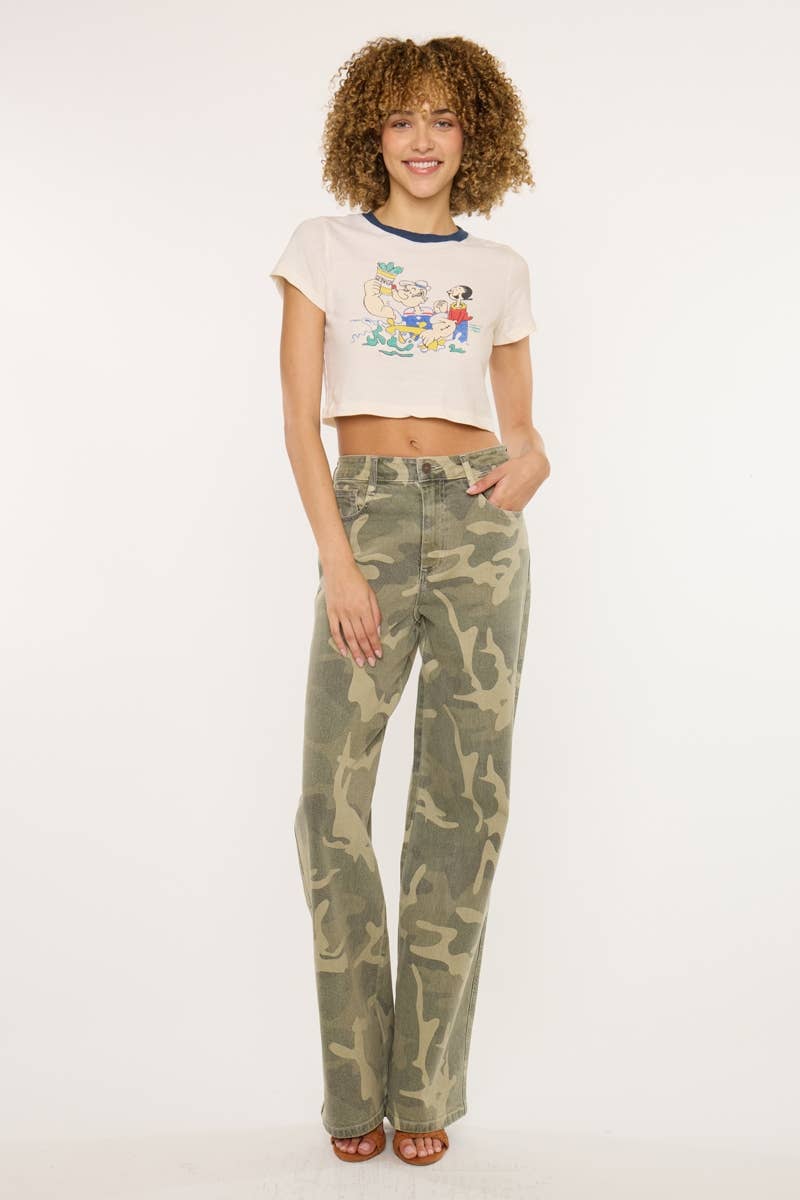 Kan Can High-Rise Camo Wide-Leg Western Jeans — Non-Distressed Comfort Stretch Denim with 32" Inseam