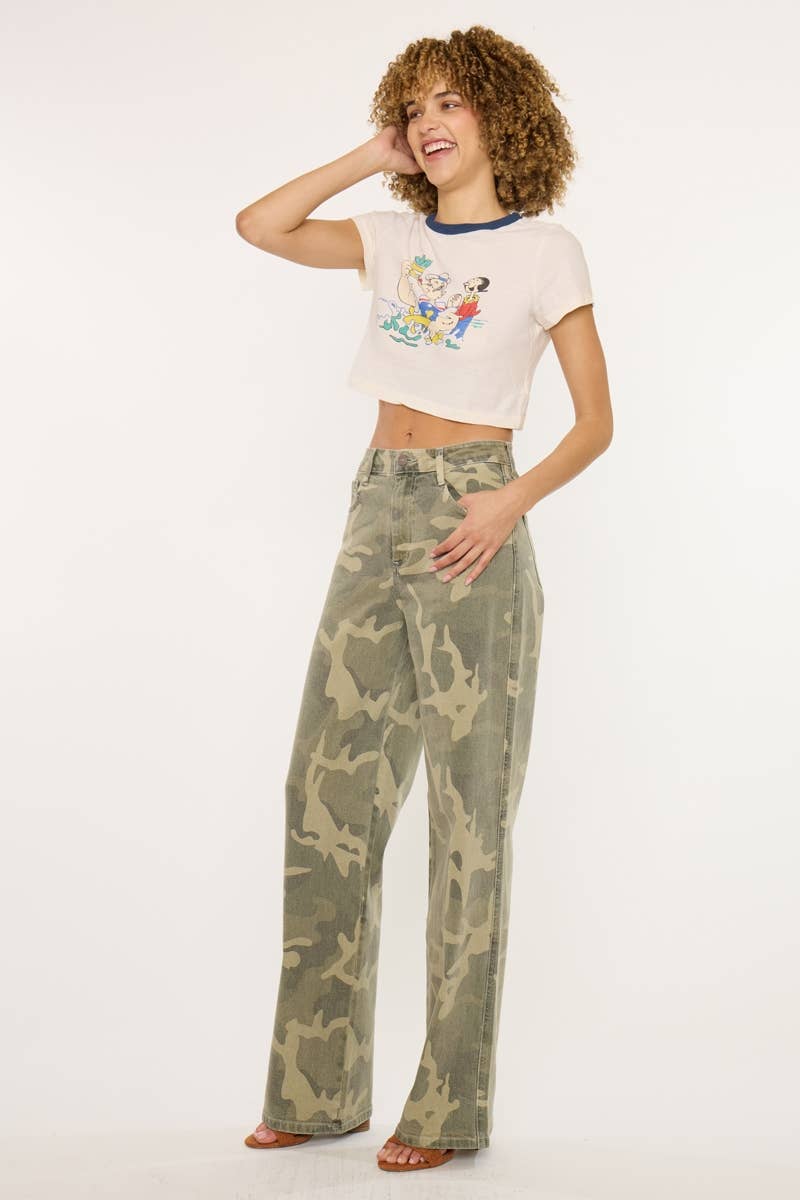 Kan Can High-Rise Camo Wide-Leg Western Jeans — Non-Distressed Comfort Stretch Denim with 32" Inseam