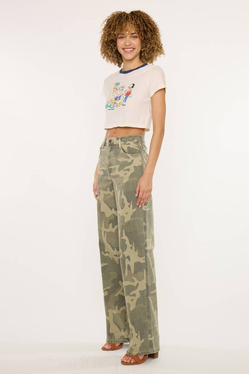 Kan Can High-Rise Camo Wide-Leg Western Jeans — Non-Distressed Comfort Stretch Denim with 32" Inseam