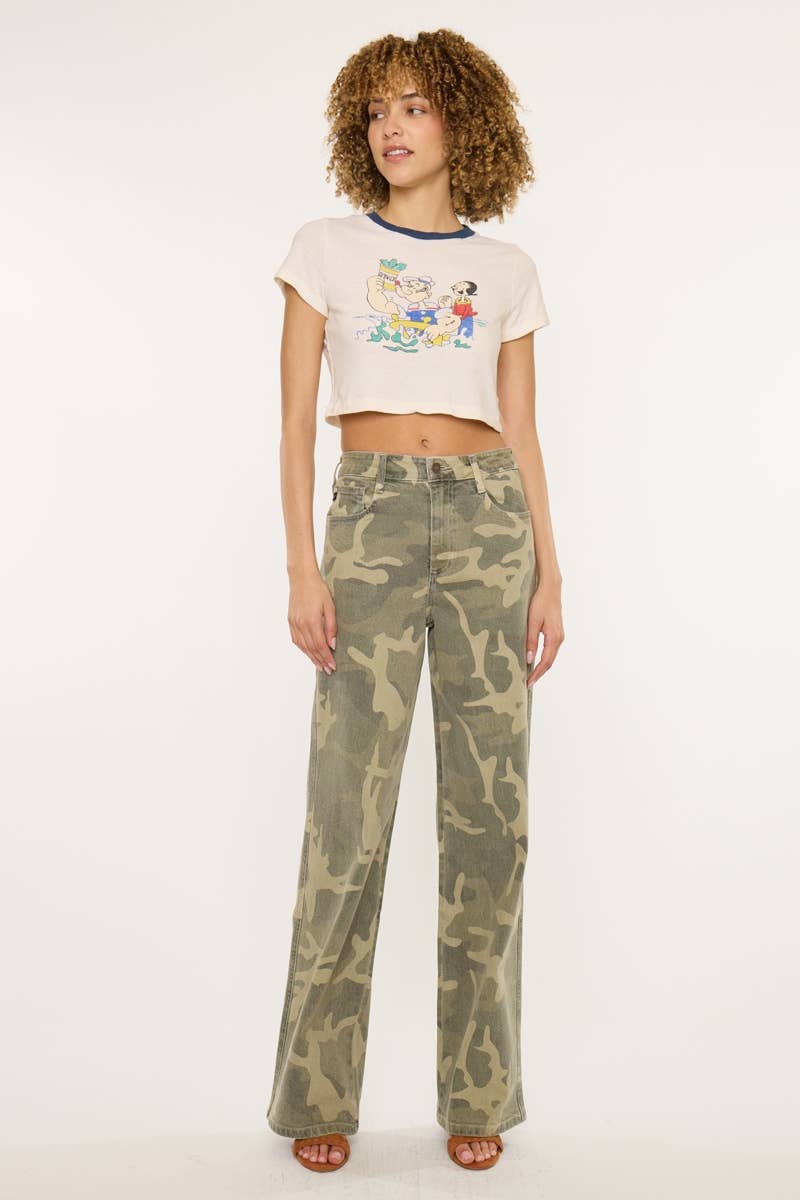 Kan Can High-Rise Camo Wide-Leg Western Jeans — Non-Distressed Comfort Stretch Denim with 32" Inseam