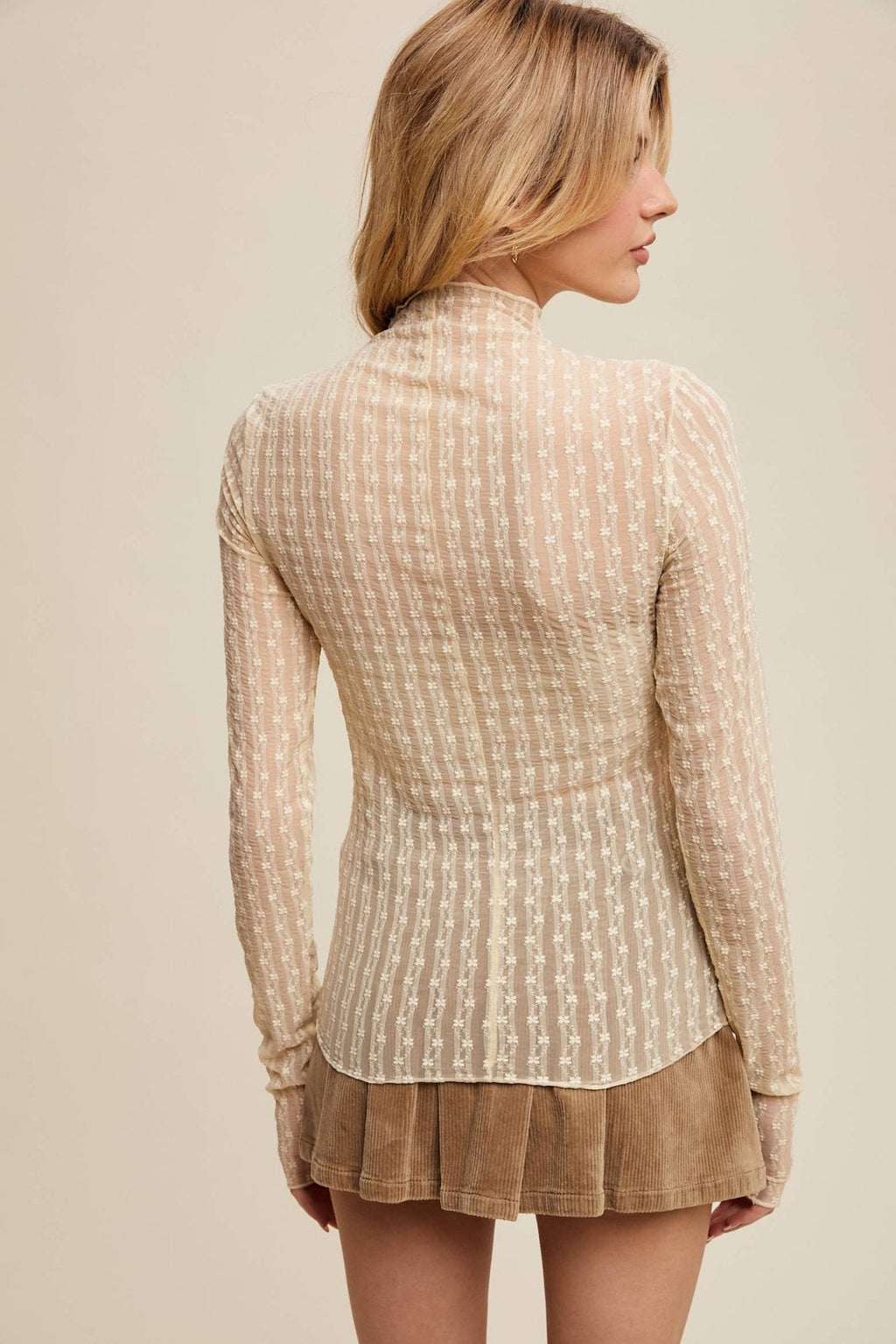 Listicle Lace Long-Sleeve Western Layering Top — Textured High Neck with Ruffle Detail (Tan or Butter)