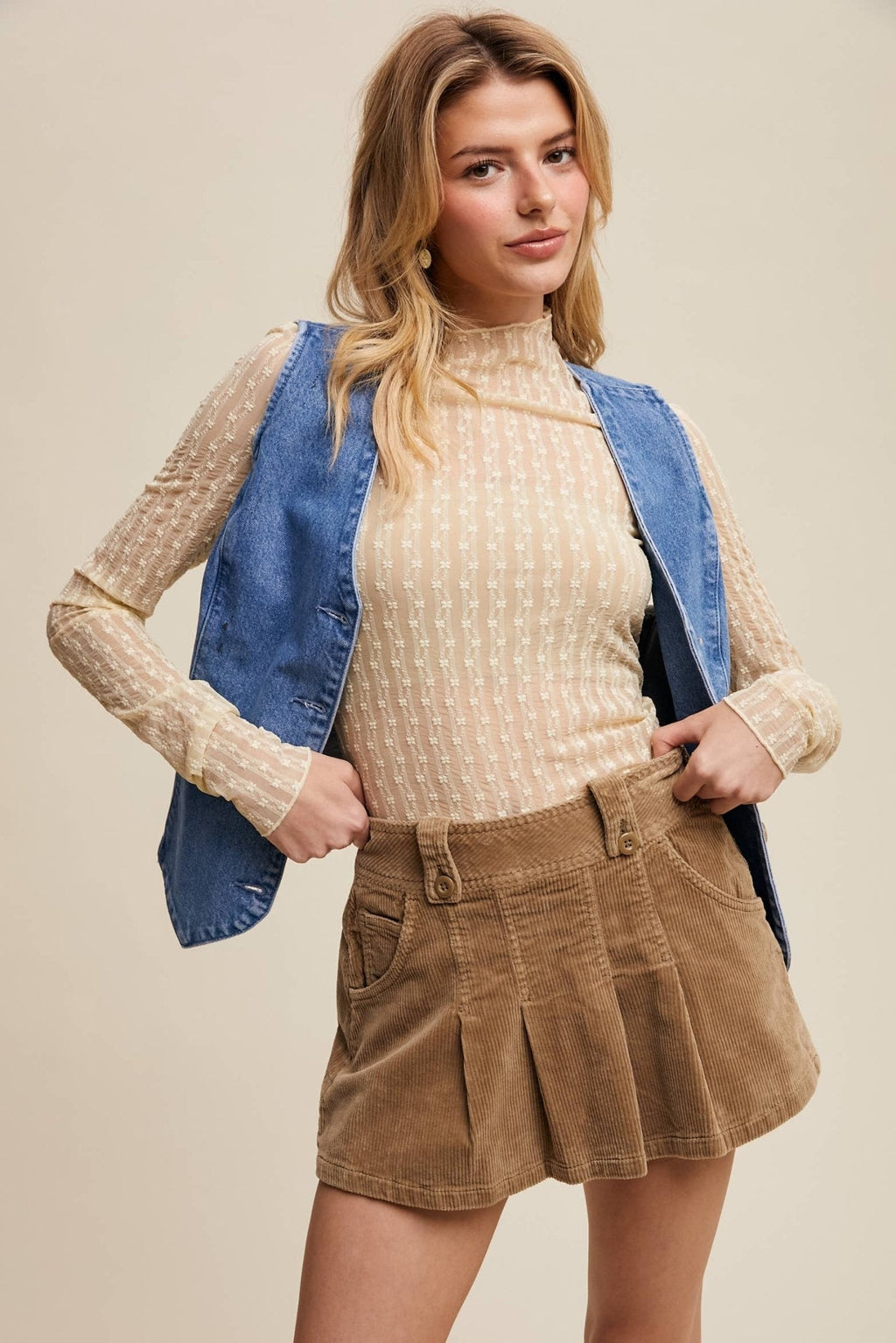 Listicle Lace Long-Sleeve Western Layering Top — Textured High Neck with Ruffle Detail (Tan or Butter)