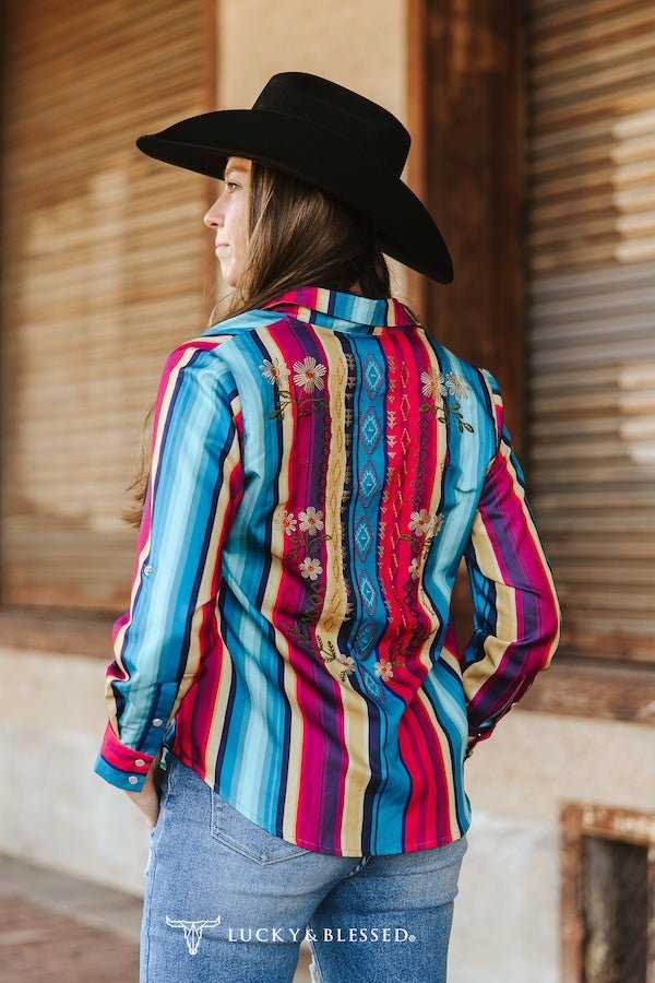 LUCKY & BLESSED Serape Pearl Snap Embroidered Western Top — Red & Turquoise Multi-Color Stripe Cowgirl Statement
