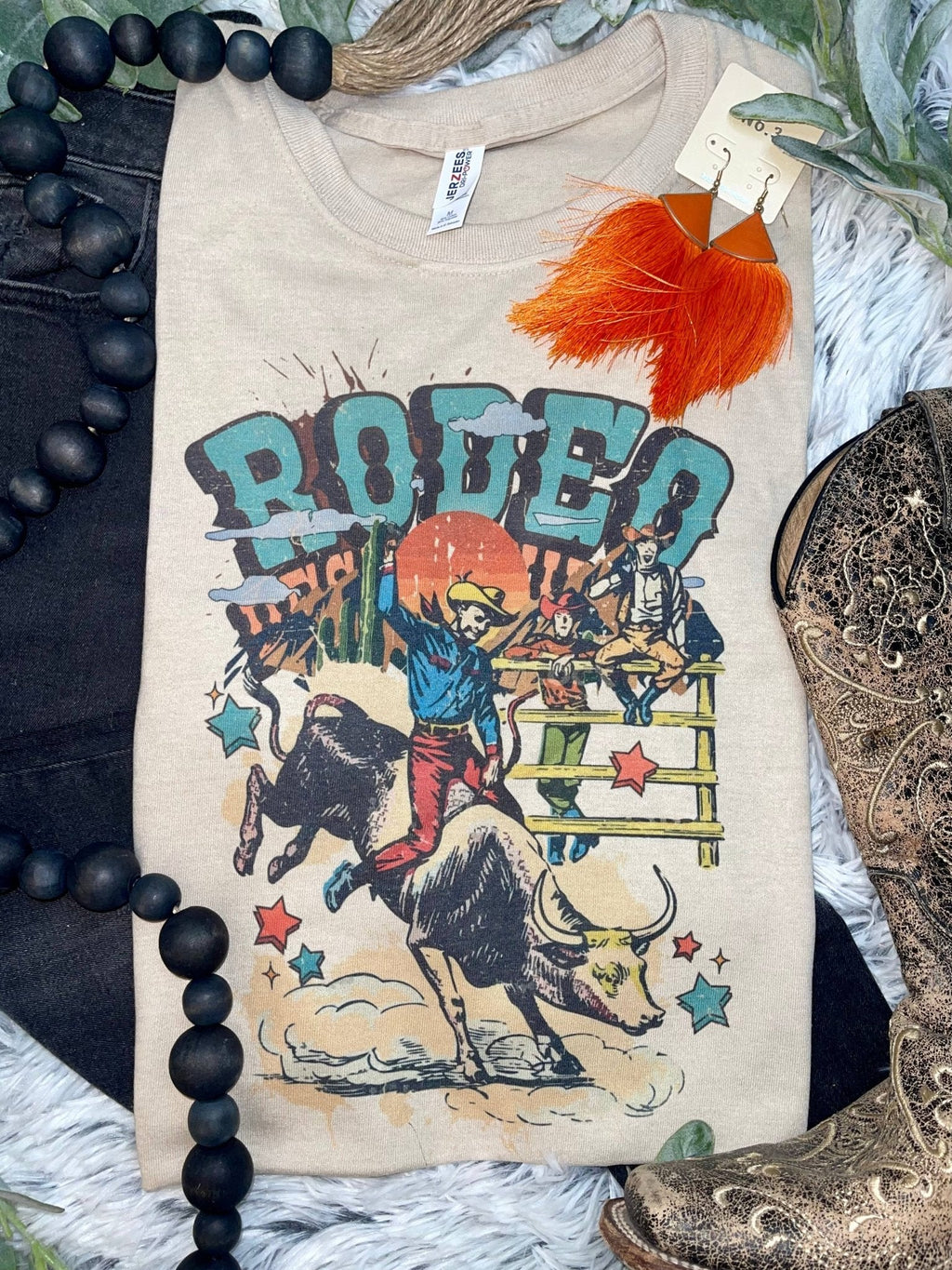 1/2 Penny "Vintage Rodeo Bull Rider" Western Graphic Tee — Sand Cotton-Blend Unisex Western Statement